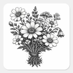 Vintage wilde bloemen linocut botanische bloem kun vierkante sticker