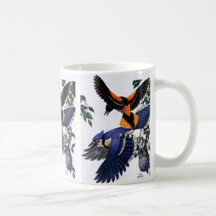 Vintage wilde dieren vogels, blauwe gaaien vliegen koffiemok