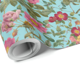 Vintage Wilde Roos Cadeaupapier in Zwembadblauw