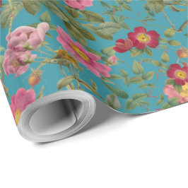 Vintage Wilde Roos Inpakpapier in Lagune Blauw