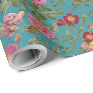 Vintage Wilde Roos Inpakpapier in Lagune Blauw