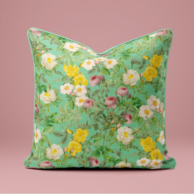 Vintage Wilde Roos Kussen in Aqua Blauw (Creator heeft geüpload)