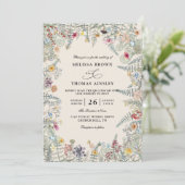 Vintage Wildflowers Fern Budget QR Code Wedding Kaart (Staand voorkant)