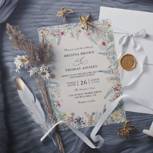 Vintage Wildflowers Fern Budget QR Code Wedding Kaart