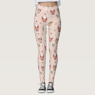 Vintage Winter Botanische Kerstman Stof Roze Roze Leggings