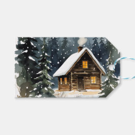 Vintage Winter Cabin Watercolor Christmas Cadeaulabel