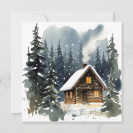 Vintage Winter Cabin Watercolor Christmas Kaart