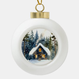 Vintage Winter Cabin Watercolor Christmas Keramische Bal Ornament