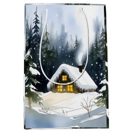 Vintage Winter Cabin Watercolor Christmas Medium Cadeauzakje