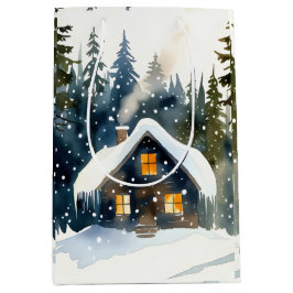 Vintage Winter Cabin Watercolor Christmas Medium Cadeauzakje