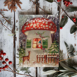 Vintage Winter Kabouter in Paddenstoel Kerstmis Briefkaart