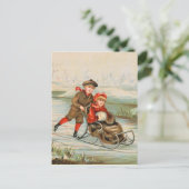 Vintage Winter Sledding Postcards Feestdagenkaart (Staand voorkant)