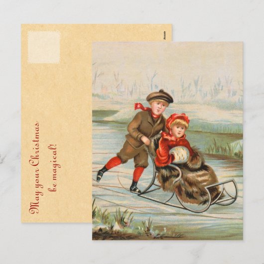 Vintage Winter Sledding Postcards Feestdagenkaart (Voorkant / Achterkant)