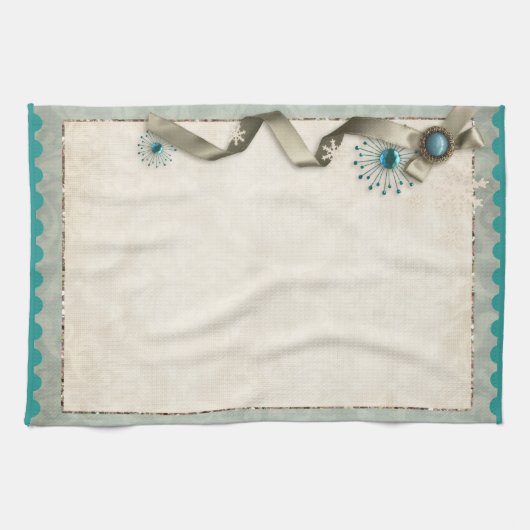 Vintage Winter snowflake ribbon damask mid century Theedoek (Horizontaal)