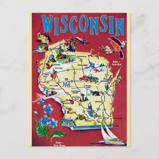 Vintage Wisconsinkaart  Briefkaart (Voorkant)