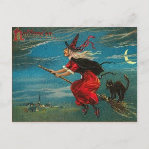 Vintage witch Briefkaart, Halloween, zwarte kat Briefkaart