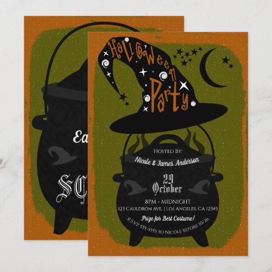 Vintage Witch Cauldron Green Halloween Party Retro Kaart (Voorkant / Achterkant)