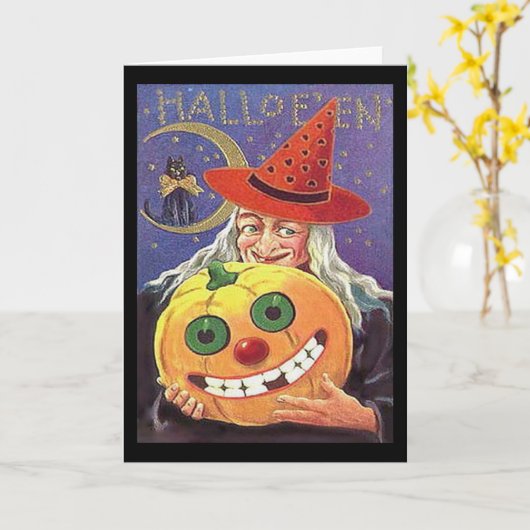 Vintage Witch Halloween Kaart (Gele Bloem)