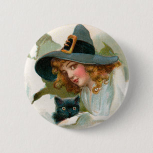 Vintage Witch Halloween Pin Ronde Button 5,7 Cm
