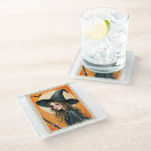 Vintage Witch Postage Stamp Glazen Onderzetter (Schuin)