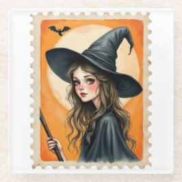 Vintage Witch Postage Stamp Glazen Onderzetter