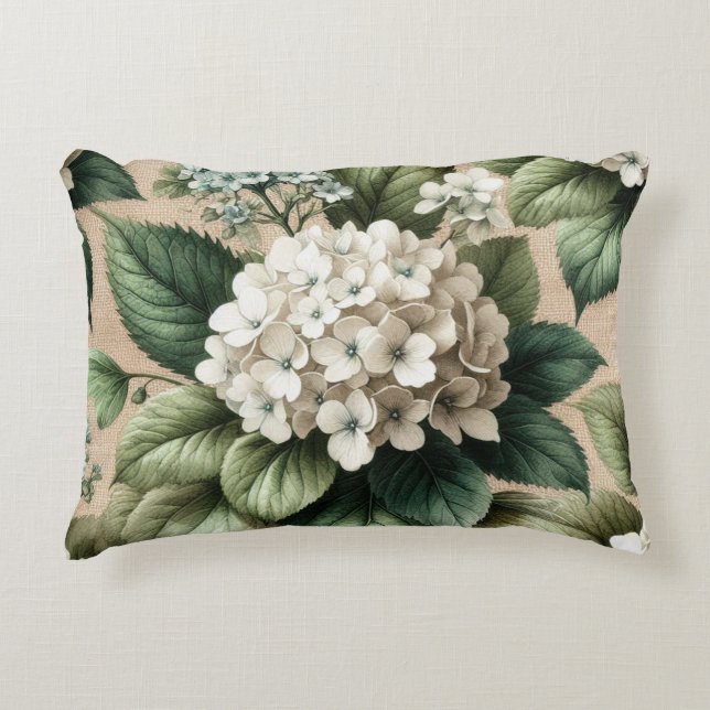 Vintage Witte Hortensia Bloemaccent Accent Kussen (Voorkant)