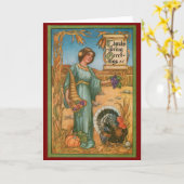 Vintage Woman And Turkey Thanksgiving Card Kaart (Gele Bloem)