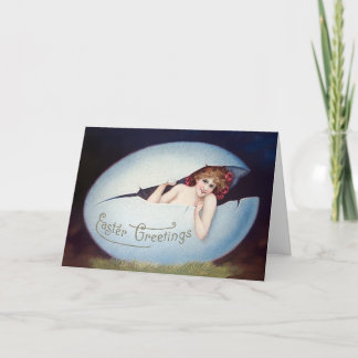 Vintage Woman in Egg Easter Card Feestdagen Kaart