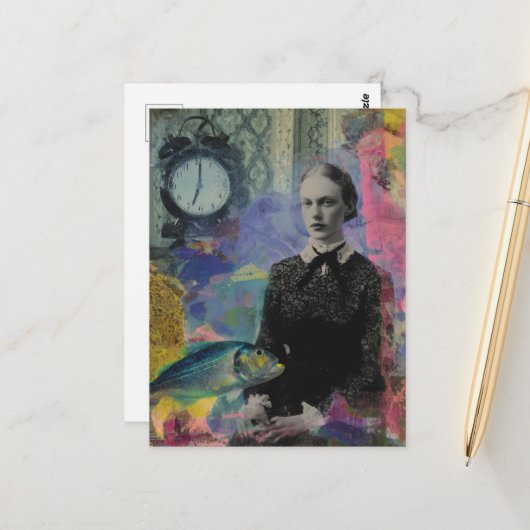 Vintage Woman With Fish Mixed Media Collage Briefkaart (Voorkant / Achterkant in situ)