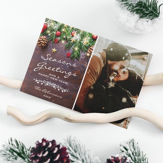 Vintage Wood Seasons Greetings Foto Feestdagenkaart