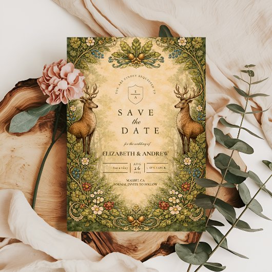 Vintage Woodland Deer Wedding Save The Date