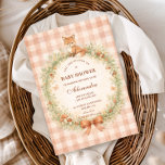 Vintage Woodland Fox Baby Shower Kaart<br><div class="desc">A charming woodland-inspired baby shower design featuring a sweet watercolor fox resting above a delicate floral wreath. Soft greenery, tiny mushrooms, and wildflowers create a cozy forest frame, finished with a warm bow and a soft peach gingham background. The vintage storybook illustration style and gentle earthy palette give the design...</div>