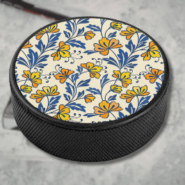 Vintage Yellow Orange Folk Floral Blue Leaf Hockey Puck