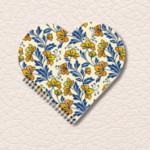 Vintage Yellow Orange Folk Floral Blue Leaf