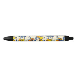 Vintage Yellow Orange Folk Floral Blue Leaf Zwarte Inkt Pen