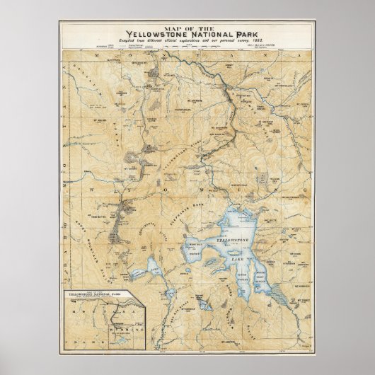 Vintage Yellowstone, Grand Canyon kaartposter 1885 Poster (Voorkant)