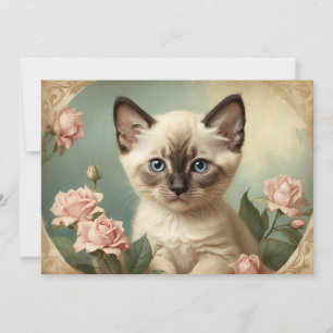Vintage Zacht Siamese Kitten Portret Bloemen Zoet Feestdagenkaart