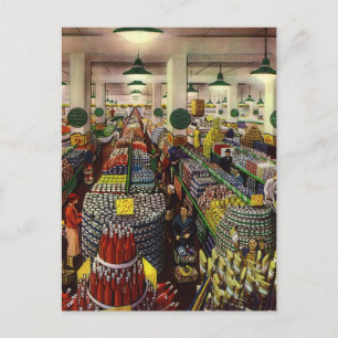 Vintage zakelijke supermarkt, eten en drank briefkaart