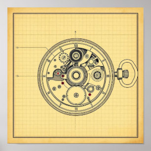 Vintage Zakhorloge Blauwdruk Print