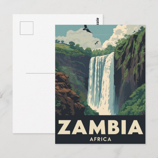 Vintage Zambia Travel Poster Waterfall Briefkaart (Voorkant / Achterkant)
