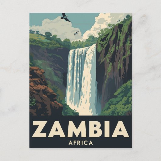 Vintage Zambia Travel Poster Waterfall Briefkaart (Voorkant)