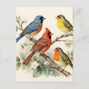 Vintage Zangvogel Bloesemtak Illustratie Briefkaart