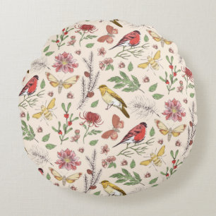 Vintage Zangvogels, Vlinders & Bloem Botanical  Rond Kussen