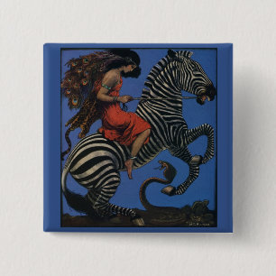 Vintage Zebra Art Nouveau Vrouw Vierkante Button 5,1 Cm