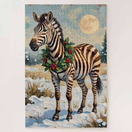 Vintage zebra in besneeuwd kerstveld legpuzzel (Verticaal)