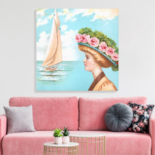 Vintage Zeedame Roze Rozen Hoed Zeilboot Kunst Canvas Afdruk