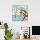 Vintage Zeedame Roze Rozen Hoed Zeilboot Kunst Poster (Thuiskantoor)