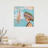 Vintage Zeedame Roze Rozen Hoed Zeilboot Kunst Poster (Keuken)