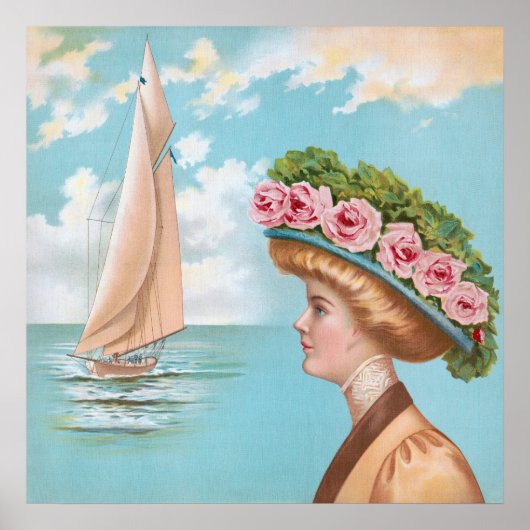 Vintage Zeedame Roze Rozen Hoed Zeilboot Kunst Poster (Voorkant)