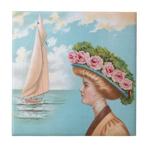 Vintage Zeedame Roze Rozen Hoed Zeilboot Kunst Tegeltje